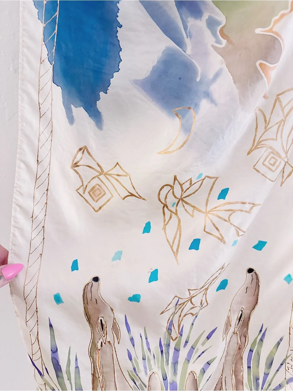 Vintage Handpainted Scarf Howling At The Moon Lupinka 1990